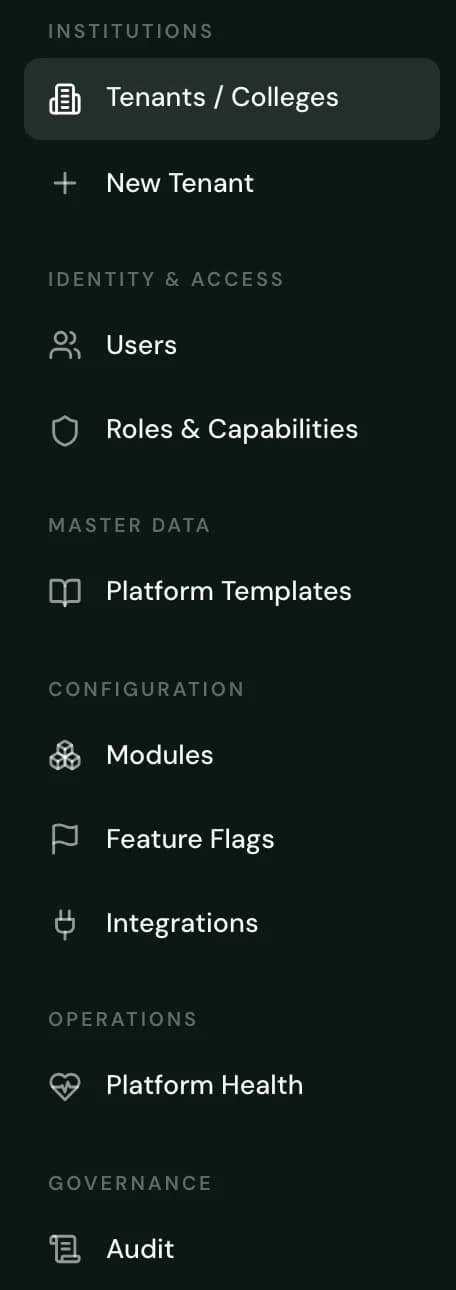 SuitonX platform administration navigation: tenants and colleges, users, roles and capabilities, platform templates, modules, feature flags, integrations, platform health and audit