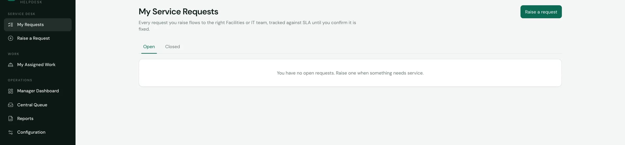 SuitonX facilities and IT helpdesk with my requests, raise a request, assigned work, manager dashboard and central queue