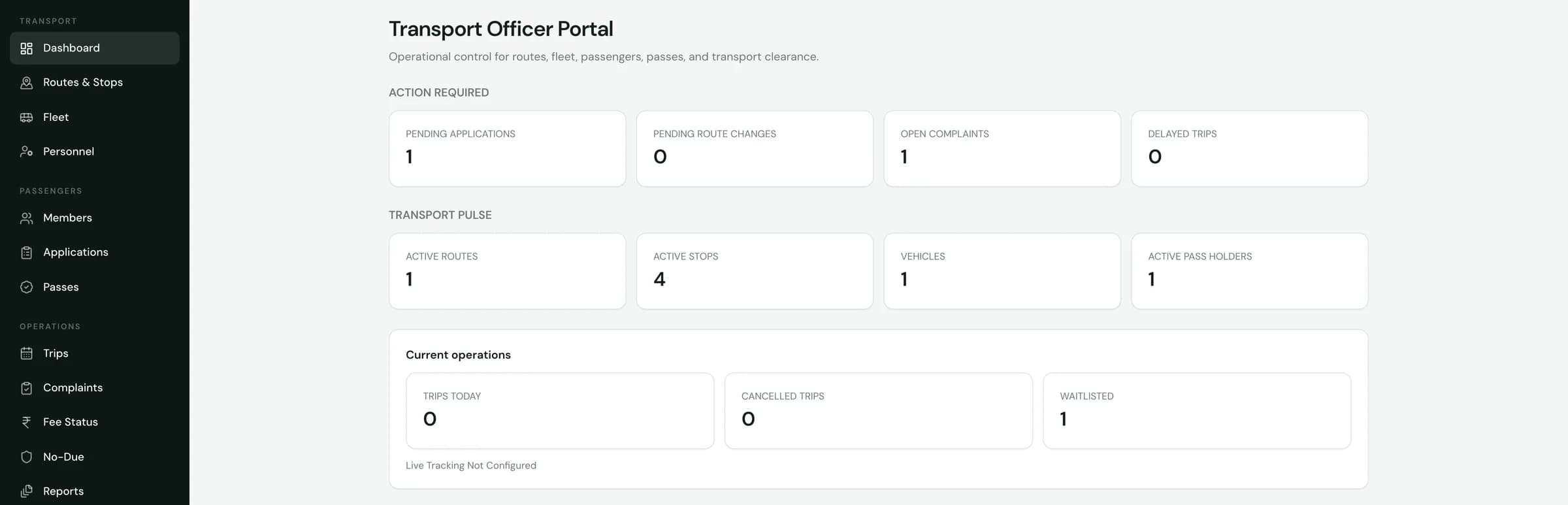 SuitonX transport officer portal with pending applications, route changes, complaints and delayed trips, route and pass-holder counts, and a note that live tracking is not configured