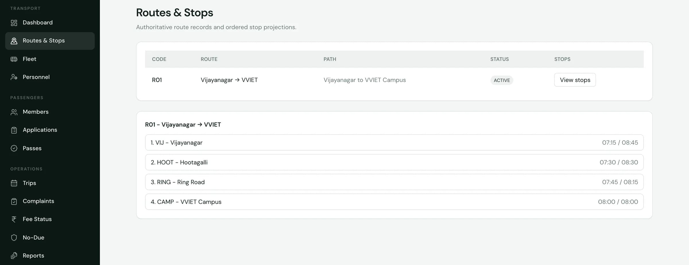 SuitonX transport portal showing a route record with four ordered stops and timings, and navigation for fleet, personnel, members, passes, trips and fee status