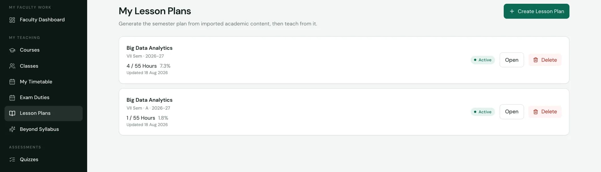 SuitonX My Lesson Plans screen: semester plans per course and section with delivered hours against planned hours