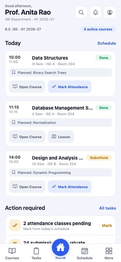 SuitonX faculty mobile home: today's classes with planned topics and Mark Attendance buttons