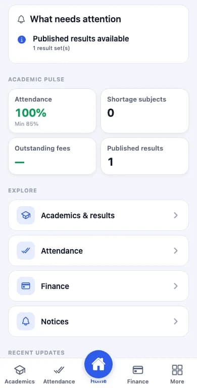 SuitonX parent mobile home: what needs attention, attendance, shortage subjects, outstanding fees and published results