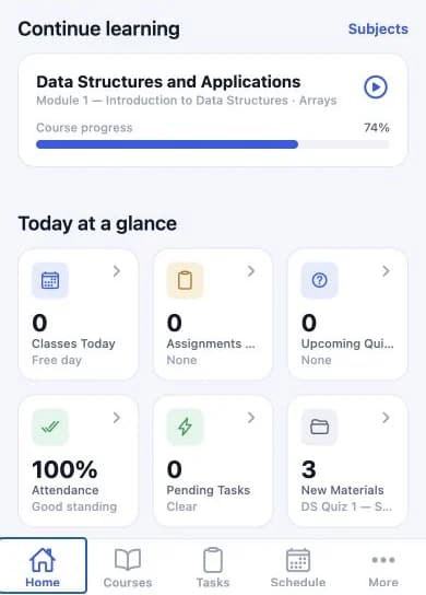 SuitonX student mobile home: continue learning with course progress, and classes, assignments, quizzes, attendance, tasks and new materials at a glance