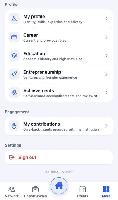 SuitonX alumni mobile app, More screen: profile, career, education, entrepreneurship, achievements and contributions, with Network, Opportunities and Events in the bottom navigation