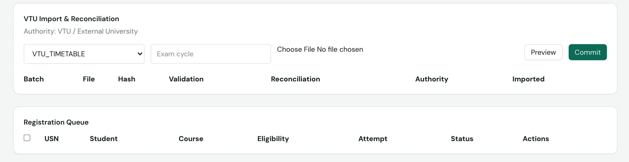 SuitonX exam operations: VTU import and reconciliation panel with file type, exam cycle, preview and commit, a batch log with validation and reconciliation columns, and the registration queue