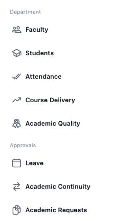 Navigation of the SuitonX HOD workspace: a Department group with Faculty, Students, Attendance, Course Delivery and Academic Quality, and an Approvals group with Leave, Academic Continuity and Academic Requests