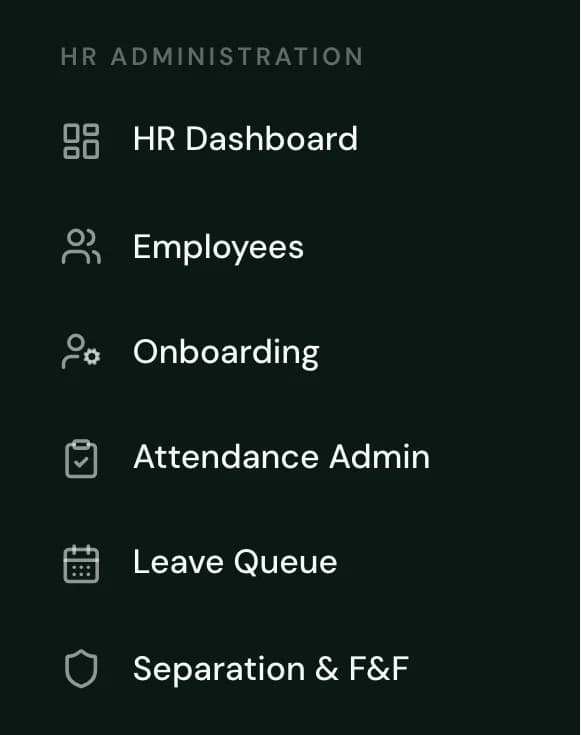 HR Administration navigation in the SuitonX HR portal: HR dashboard, employees, onboarding, attendance admin, leave queue, and separation and full-and-final