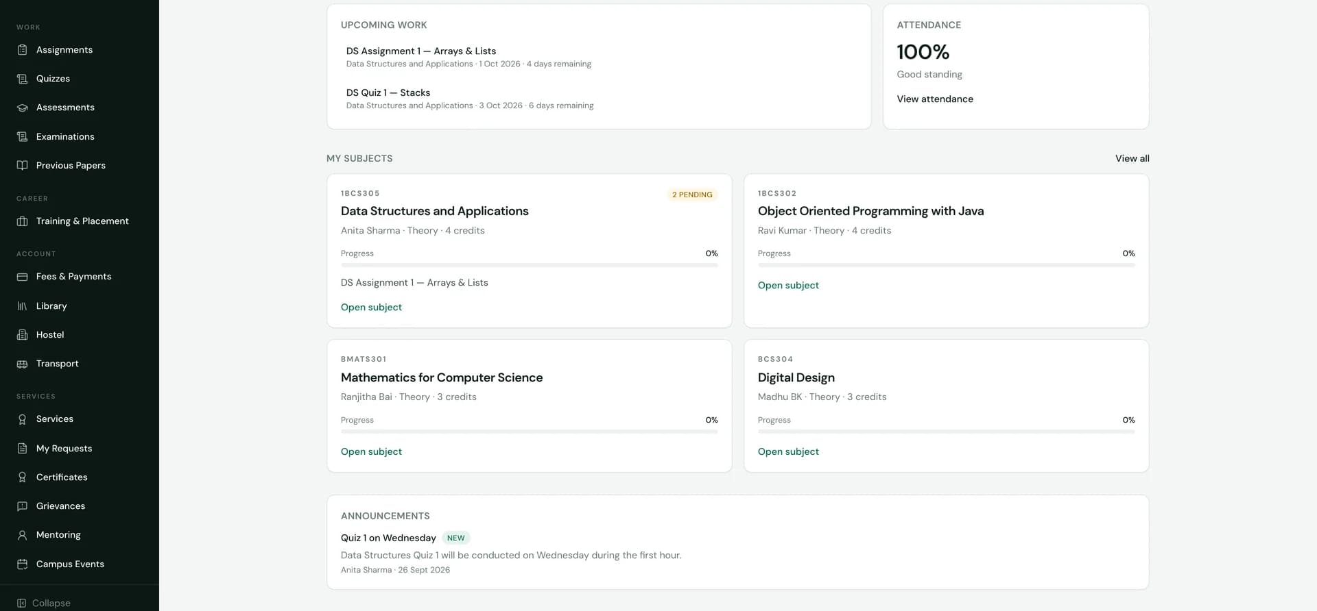 SuitonX Student LMS dashboard: upcoming work, attendance, subjects with faculty and credits, announcements, and navigation for work, account and services