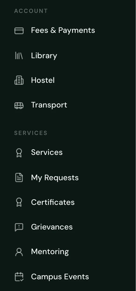 Account and Services navigation in the SuitonX student workspace: fees and payments, library, hostel, transport, services, requests, certificates, grievances, mentoring and campus events