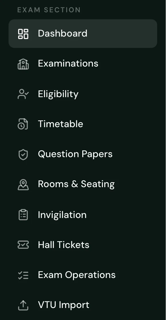 Exam section navigation in the SuitonX controller of examinations workspace: dashboard, examinations, eligibility, timetable, question papers, rooms and seating, invigilation, hall tickets, exam operations and VTU import