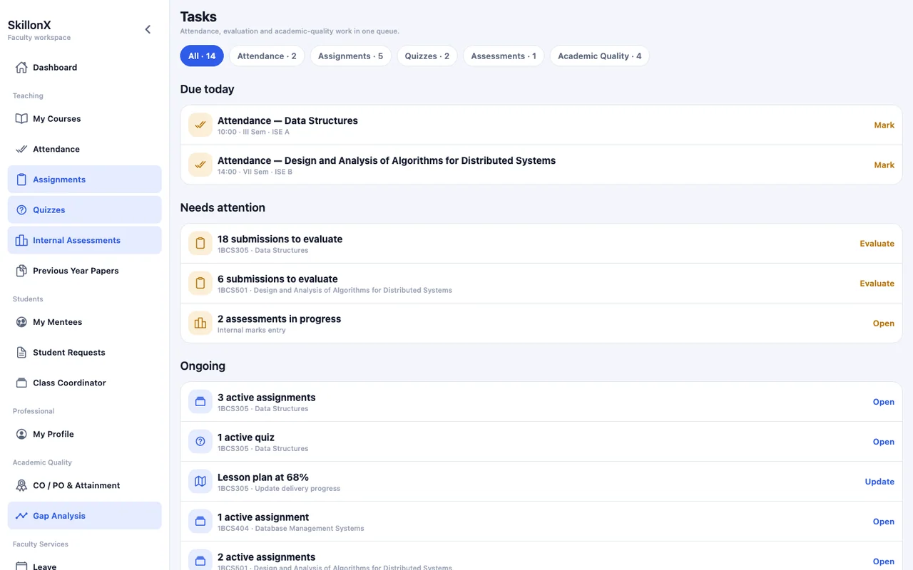 SuitonX faculty Tasks queue: attendance due today, submissions to evaluate, internal assessments and lesson plan progress in one list