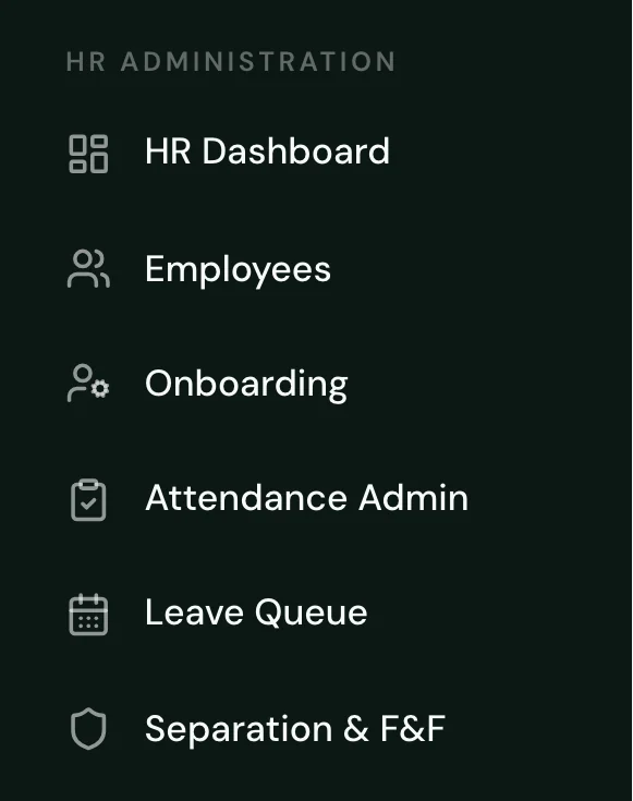 HR Administration navigation in the SuitonX HR portal: HR dashboard, employees, onboarding, attendance admin, leave queue, and separation and full-and-final