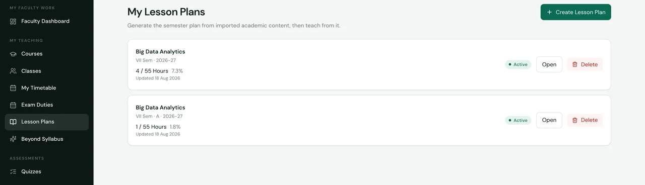 SuitonX My Lesson Plans screen: semester plans per course and section with delivered hours against planned hours