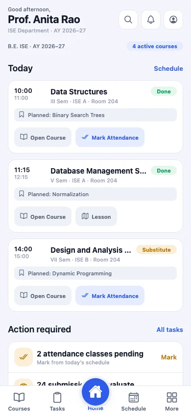 SuitonX faculty mobile home: today's classes with planned topics and Mark Attendance buttons