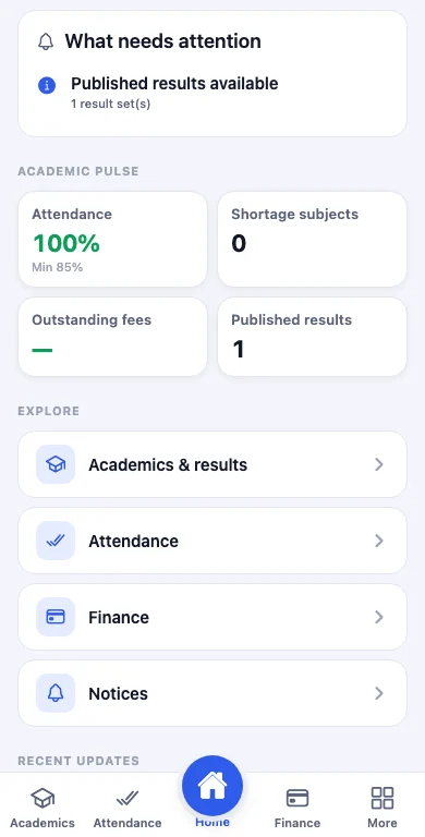 SuitonX parent mobile home: what needs attention, attendance, shortage subjects, outstanding fees and published results