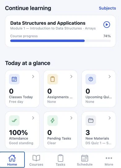 SuitonX student mobile home: continue learning with course progress, and classes, assignments, quizzes, attendance, tasks and new materials at a glance