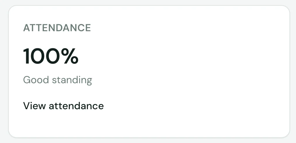 Attendance card from the SuitonX student dashboard showing overall standing