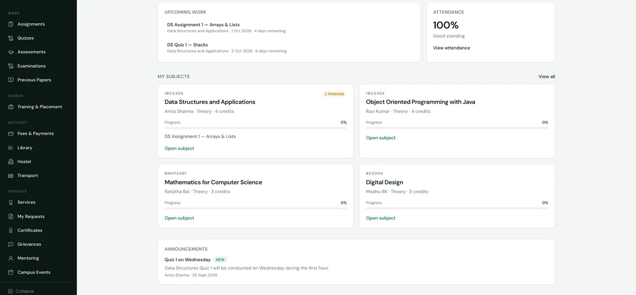 SuitonX Student LMS dashboard: upcoming work, attendance, subjects with faculty and credits, announcements, and navigation for work, account and services